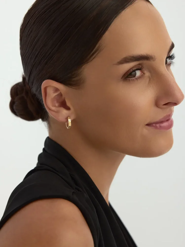 Sıralı Taşlı Desenli Halka 14K Altın Küpe - 4