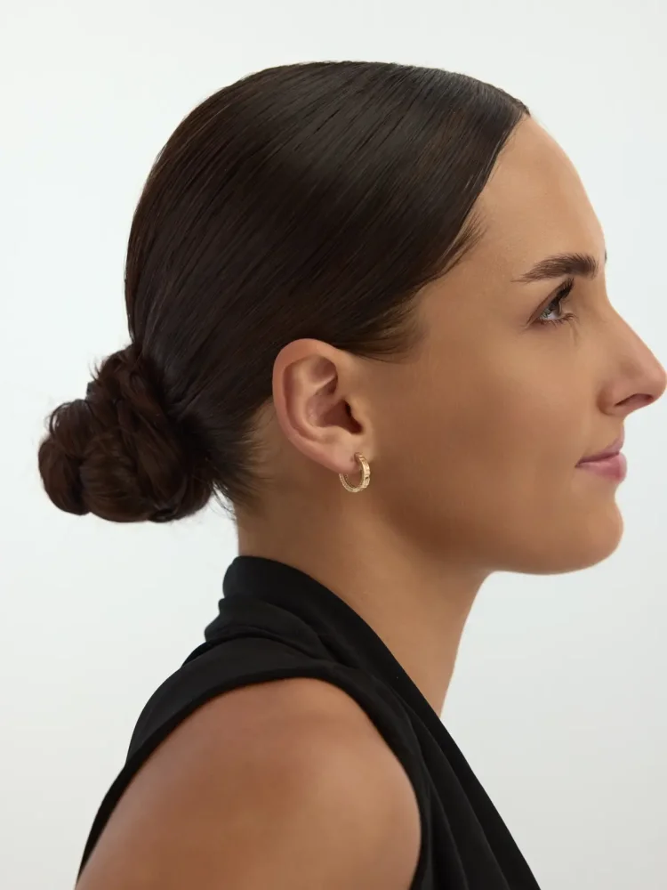 Sıralı Taşlı Desenli Halka 14K Altın Küpe - 5