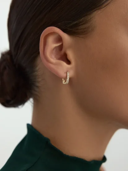 Sıralı Taşlı Dikdörtgen Halka 14K Altın Küpe - (1)