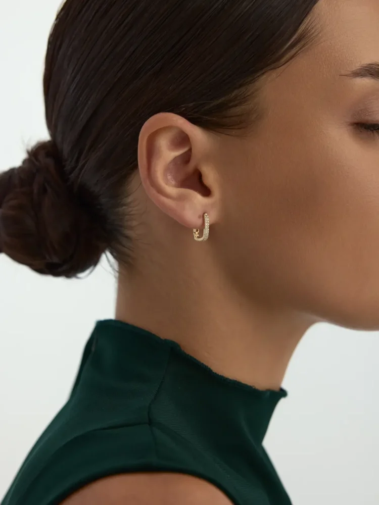 Sıralı Taşlı Dikdörtgen Halka 14K Altın Küpe - 3