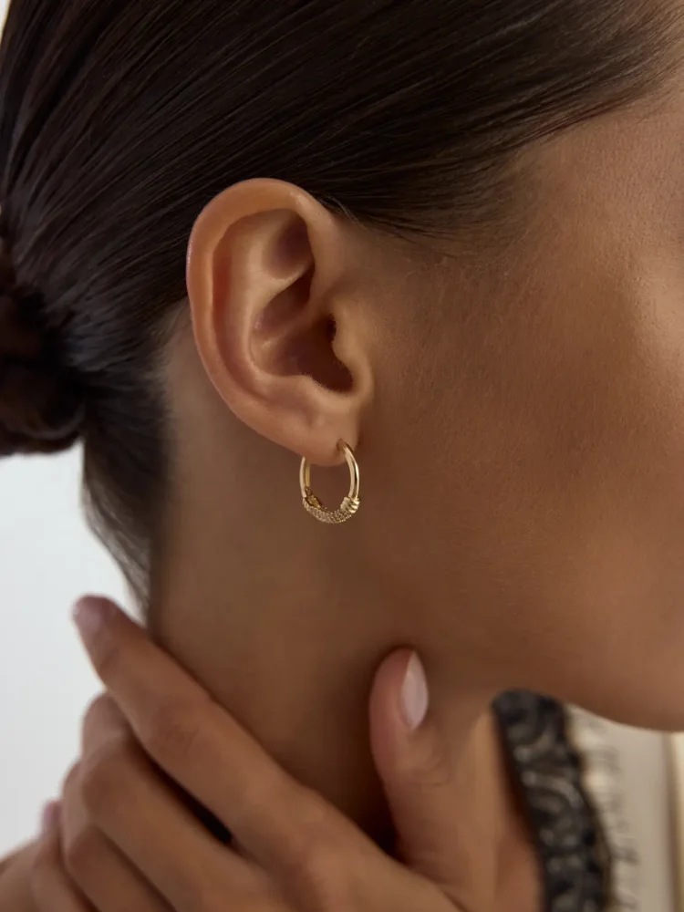 Sıralı Taşlı Halka 14K Altın Küpe - 2