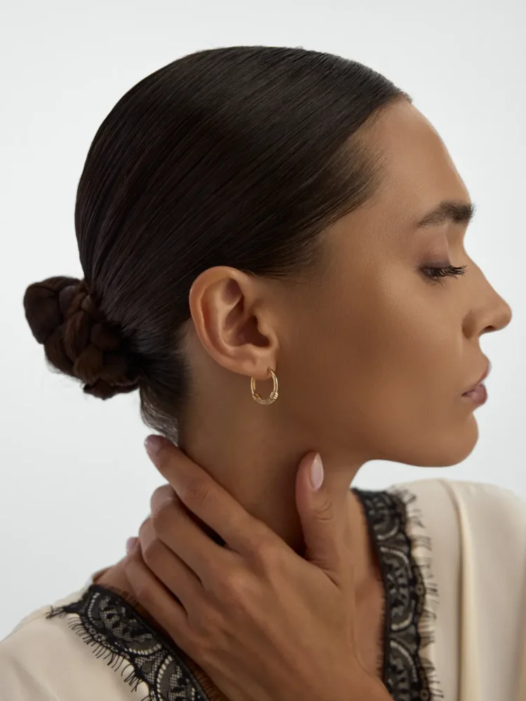 Sıralı Taşlı Halka 14K Altın Küpe - 3