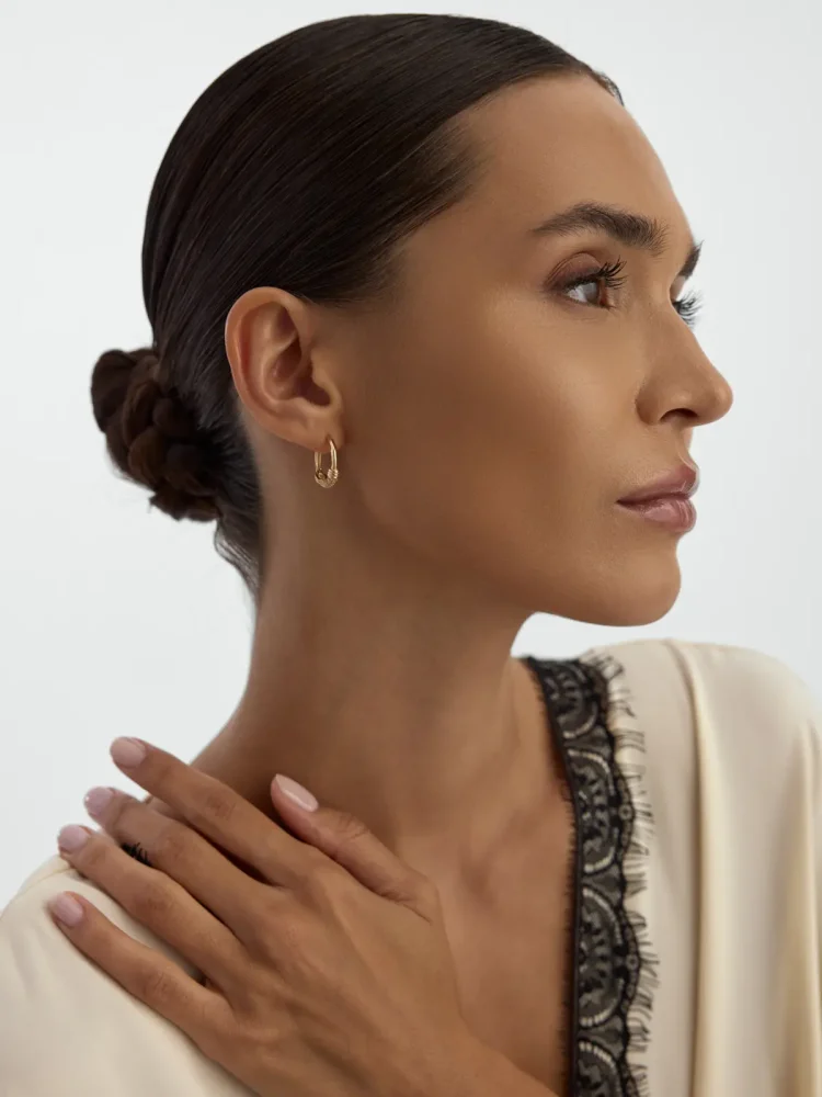 Sıralı Taşlı Halka 14K Altın Küpe - 4