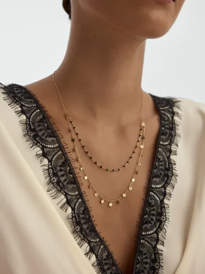 Sırlı Mavi Boncuk Geçişli Damla Formlu Çift Hat 14K Altın Kolye - (1)