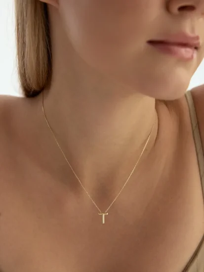 T Harfi Sade 14K Altın Harf Kolye - (1)