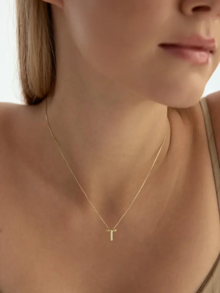T Harfi Sade 14K Altın Harf Kolye - 2