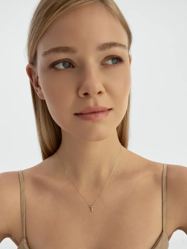 T Harfi Sade 14K Altın Harf Kolye - 3