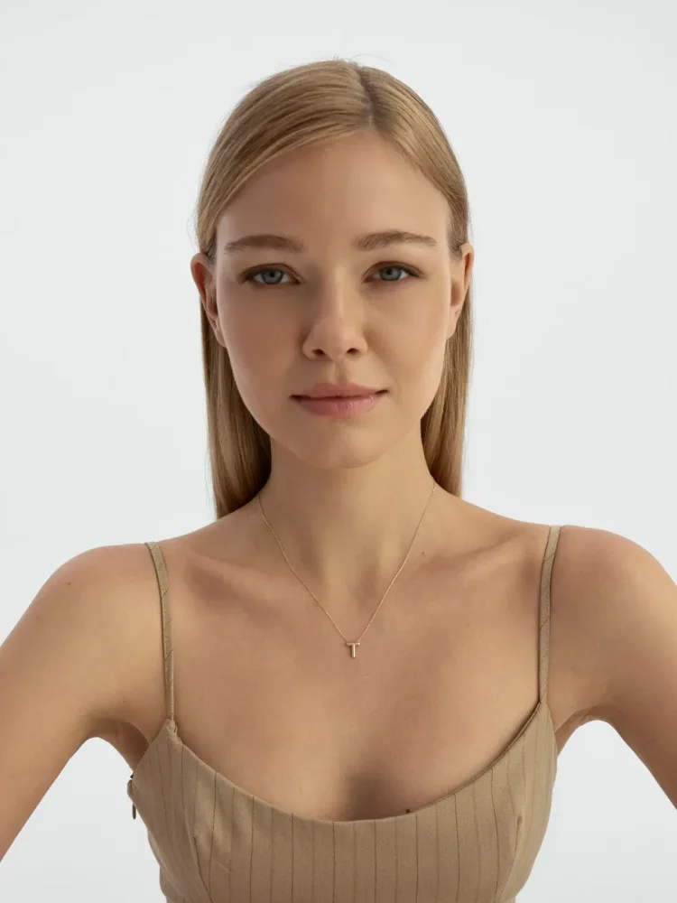 T Harfi Sade 14K Altın Harf Kolye - 4