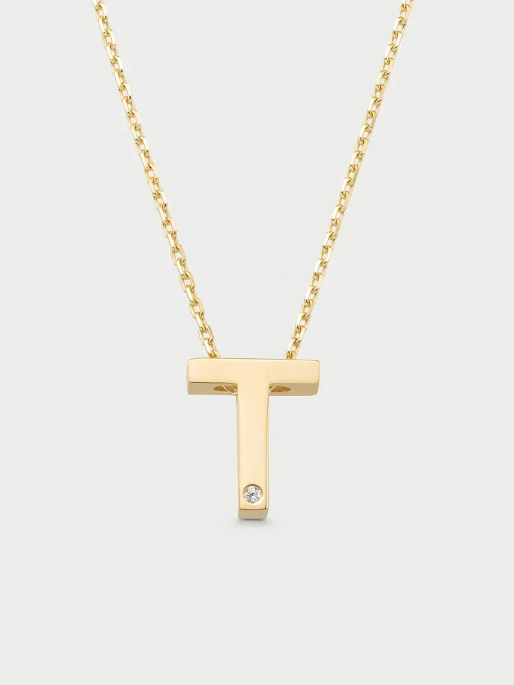 T Harfi Taşlı 14K Altın Harf Kolye - 1