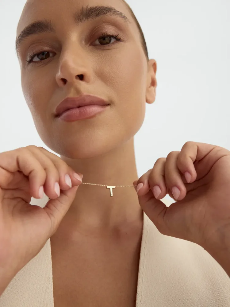 T Harfi Taşlı 14K Altın Harf Kolye - 2