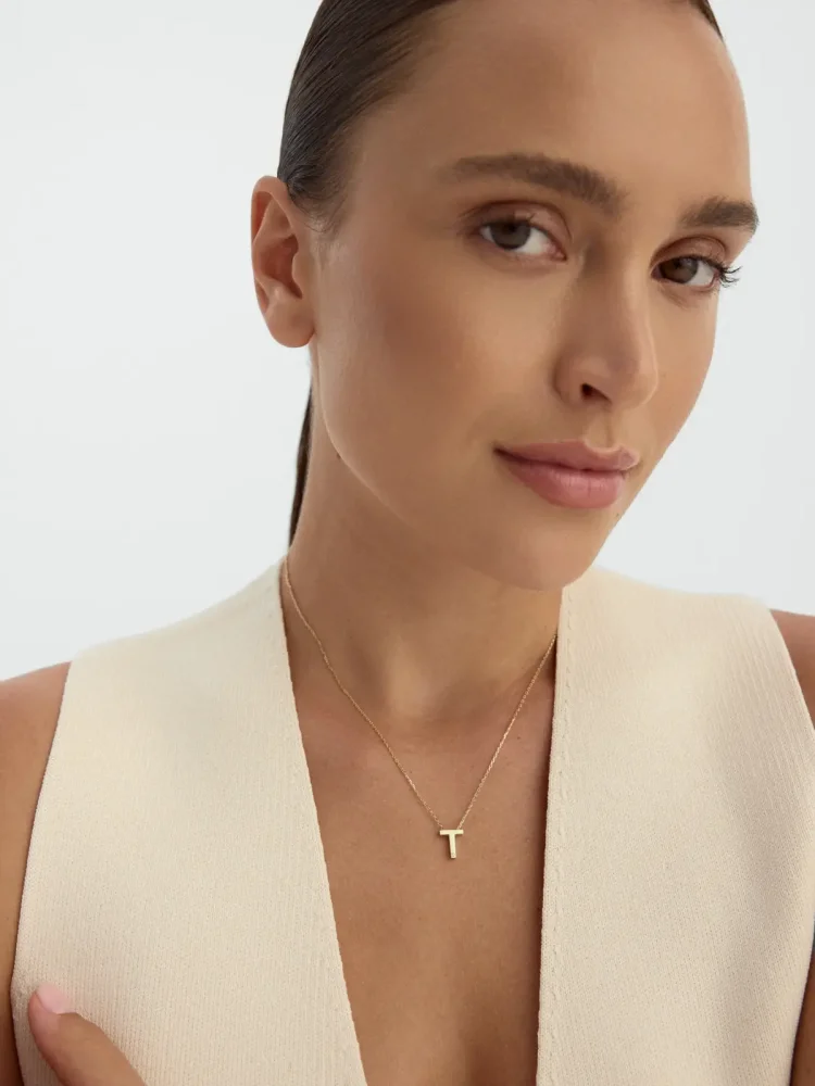 T Harfi Taşlı 14K Altın Harf Kolye - 3