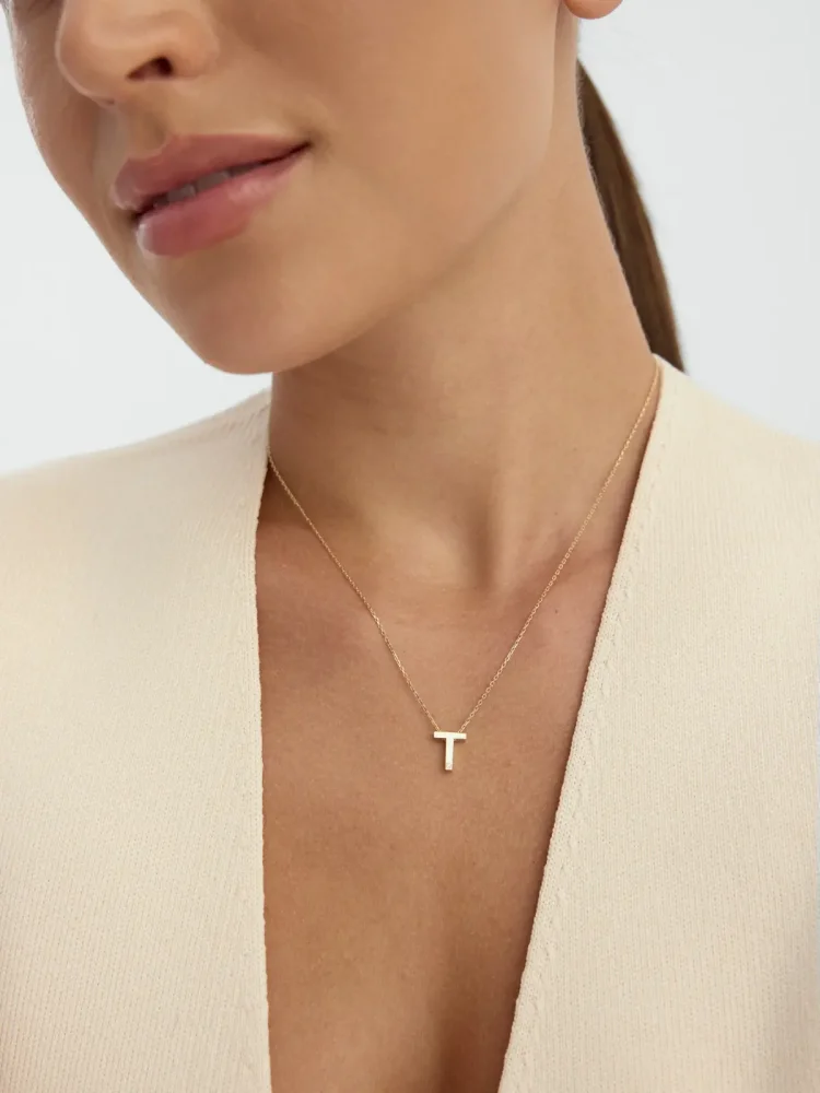 T Harfi Taşlı 14K Altın Harf Kolye - 4