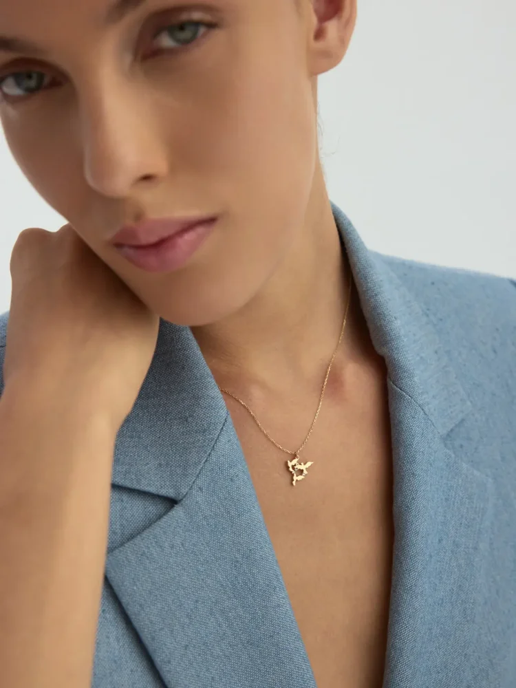 Taş Detaylı Uçan Kuşlar 14K Altın Kolye - 3