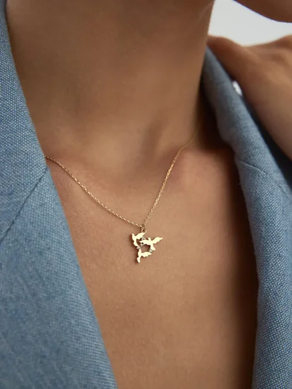 Taş Detaylı Uçan Kuşlar 14K Altın Kolye - (1)