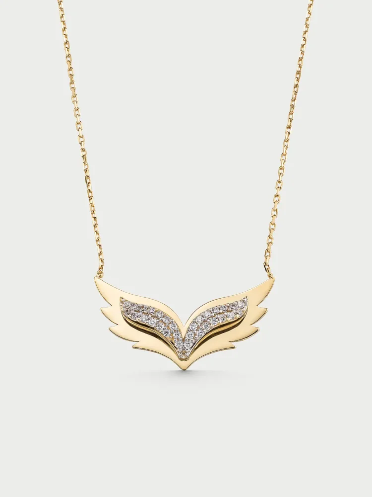 Taşlı Kanat Figürlü 14K Altın Kolye - 1