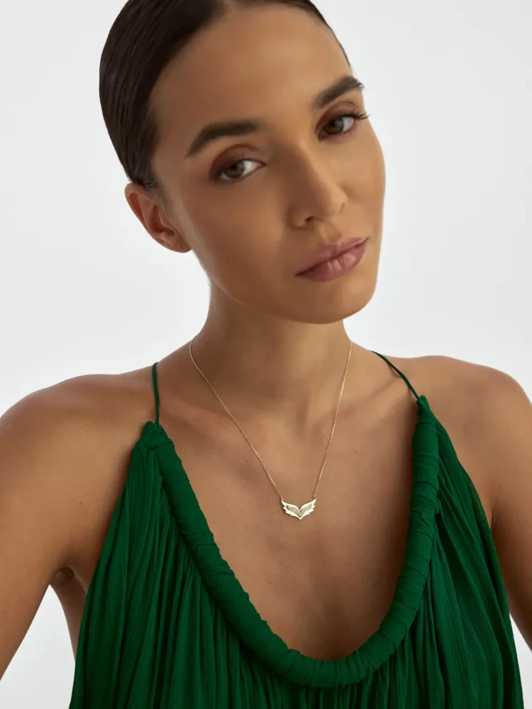 Taşlı Kanat Figürlü 14K Altın Kolye - 4