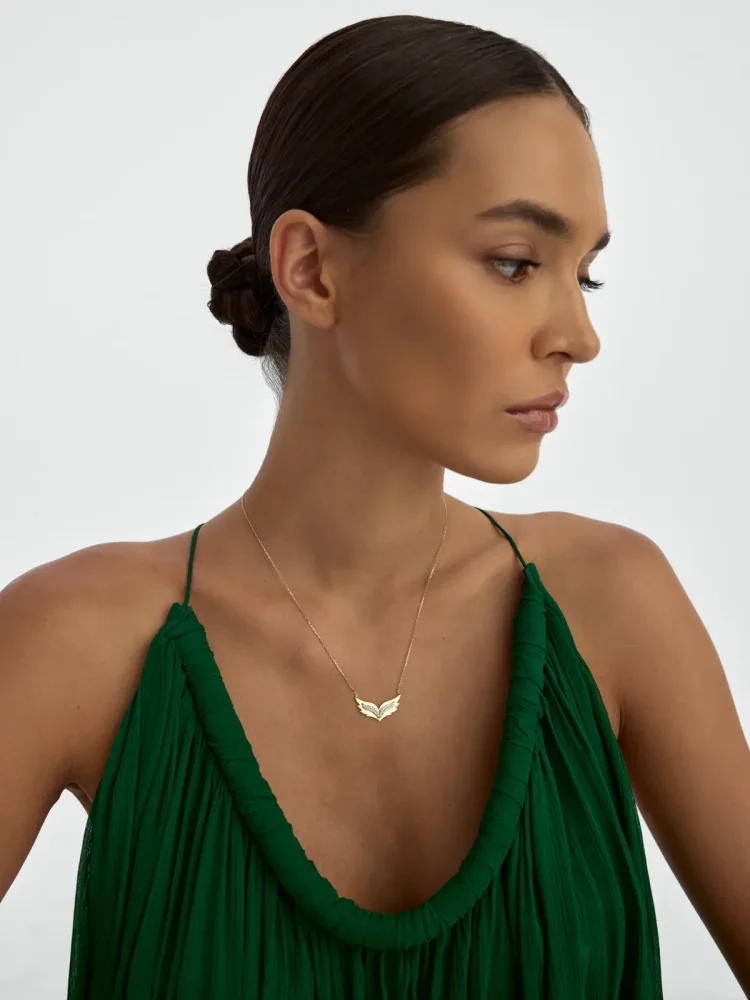 Taşlı Kanat Figürlü 14K Altın Kolye - 3