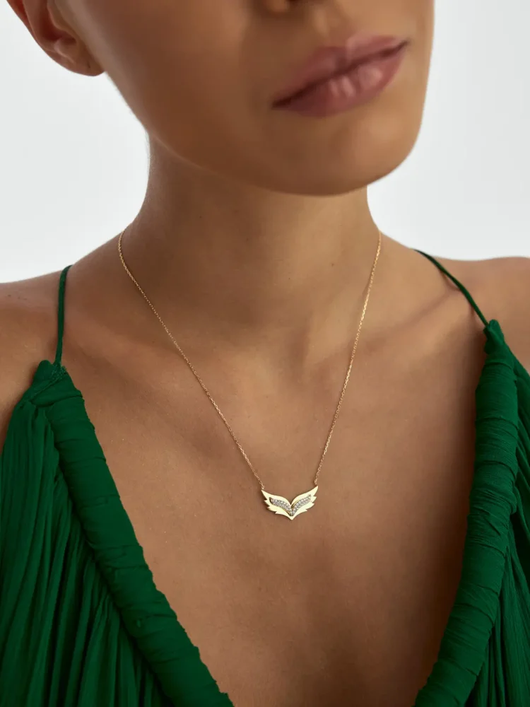 Taşlı Kanat Figürlü 14K Altın Kolye - 2