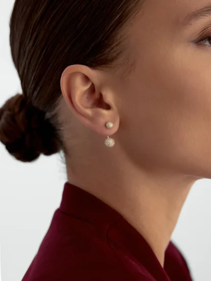 Taşlı Küre Formlu Sallantılı 14K Altın Küpe - (1)