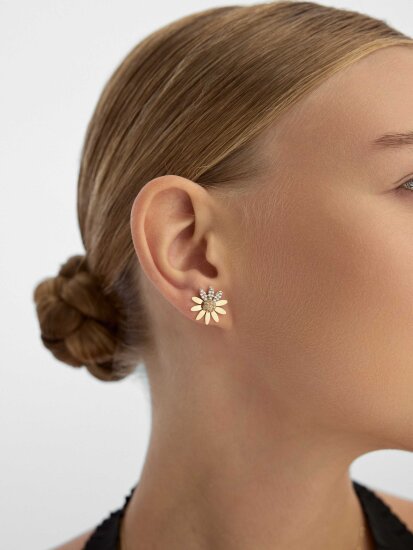 Taşlı Papatya Figürlü 14K Altın Küpe - (1)