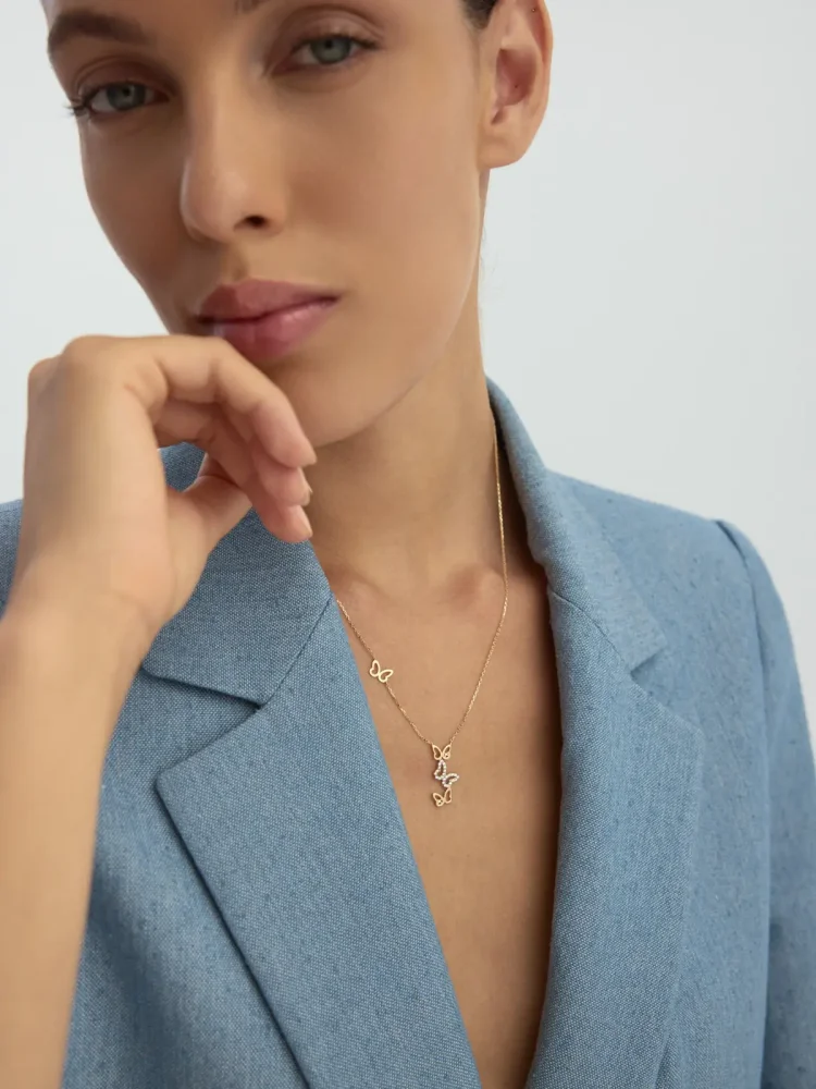 Taşlı Uçuşan Kelebekler Figürlü 14K Altın Kolye - 4