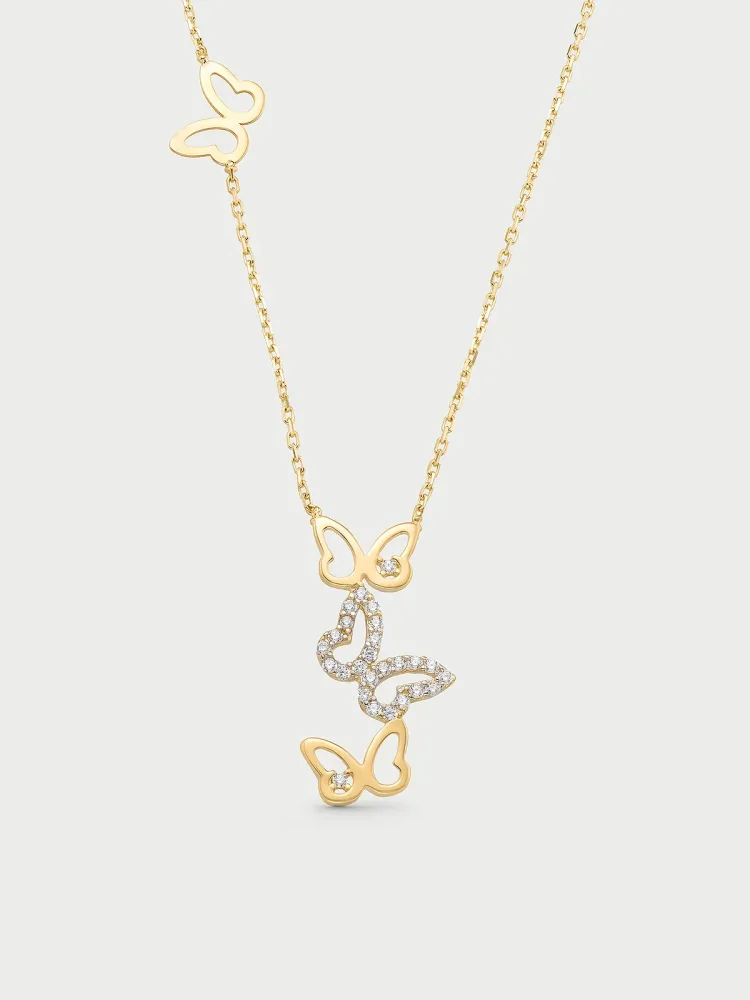 Taşlı Uçuşan Kelebekler Figürlü 14K Altın Kolye - 1