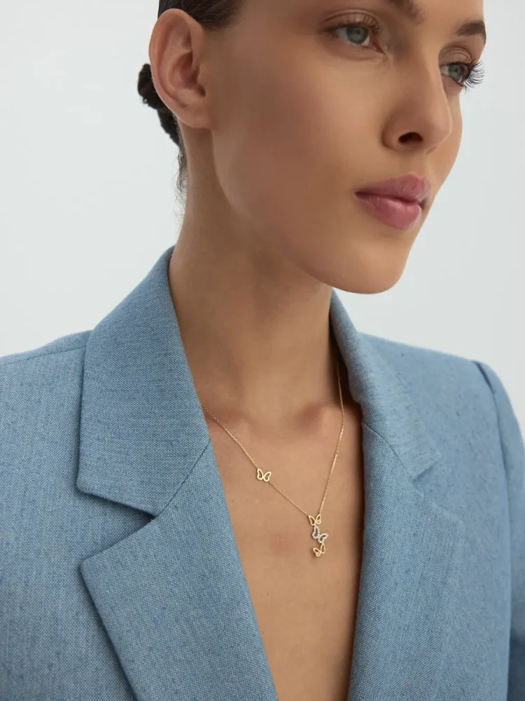 Taşlı Uçuşan Kelebekler Figürlü 14K Altın Kolye - 3