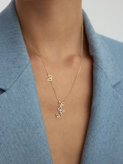 Taşlı Uçuşan Kelebekler Figürlü 14K Altın Kolye - (1)