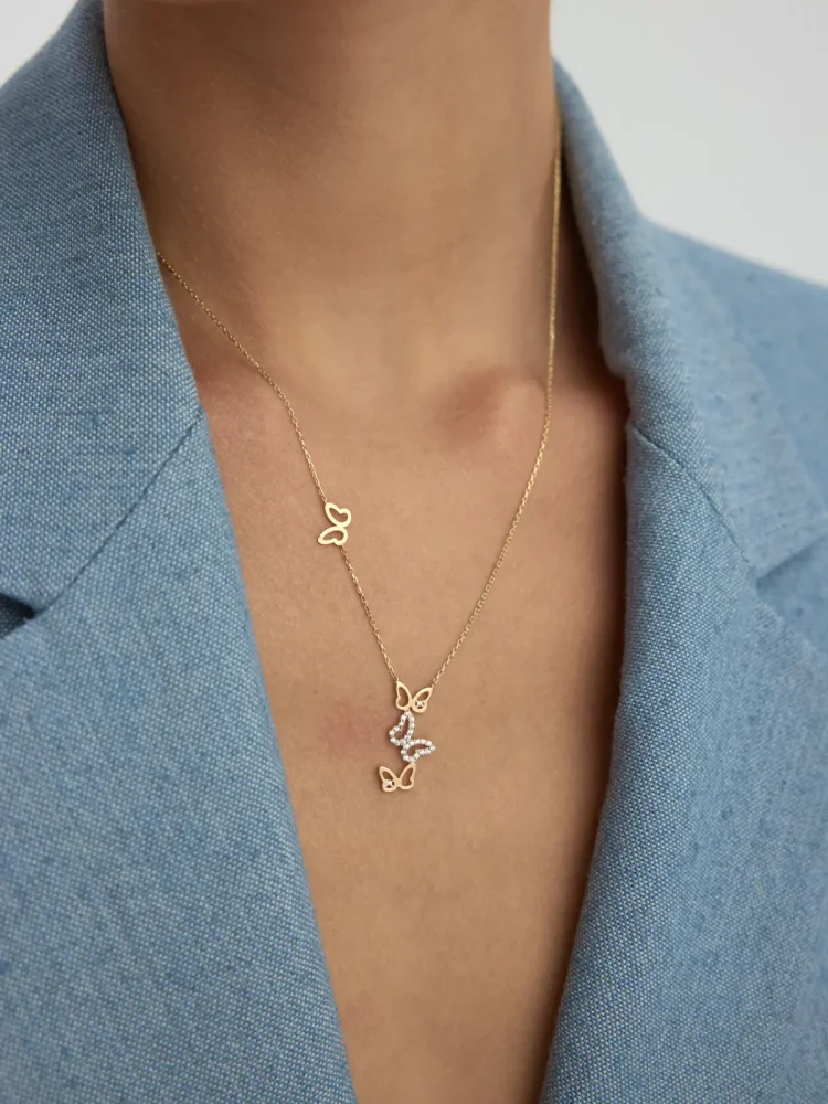 Taşlı Uçuşan Kelebekler Figürlü 14K Altın Kolye - 2