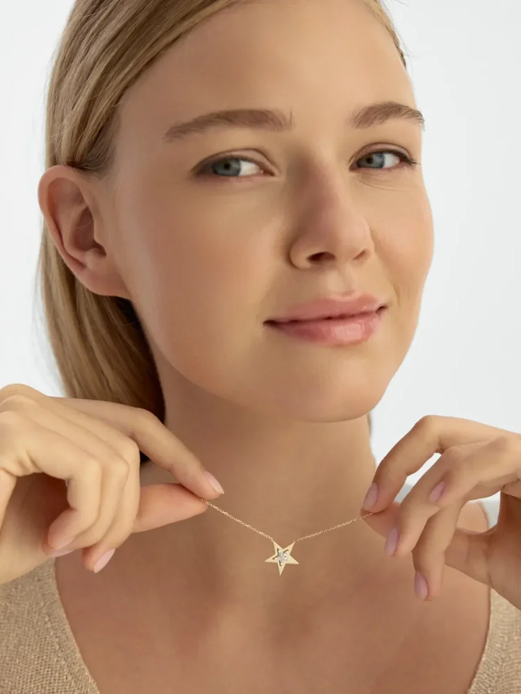 Taşlı Yıldız Figürlü 14K Altın Kolye - 3