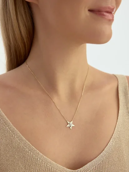 Taşlı Yıldız Figürlü 14K Altın Kolye - (1)