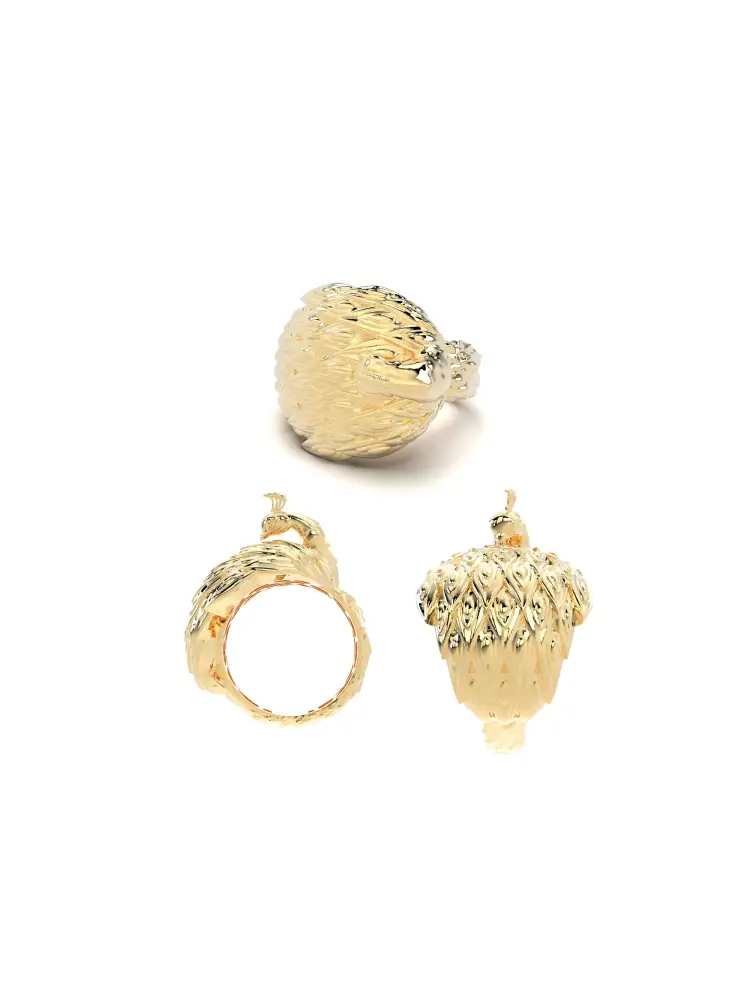 Tavuskuşu Figürlü Rölyef 14K Altın Yüzük - 9