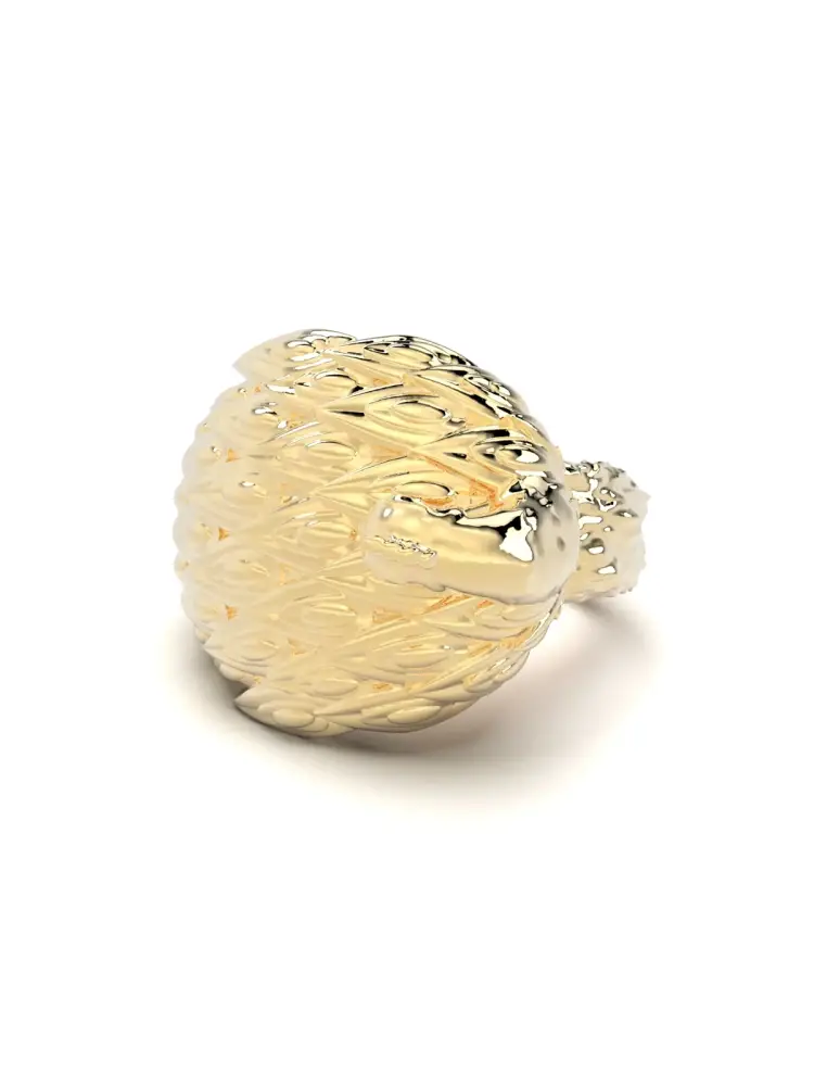 Tavuskuşu Figürlü Rölyef 14K Altın Yüzük - 1