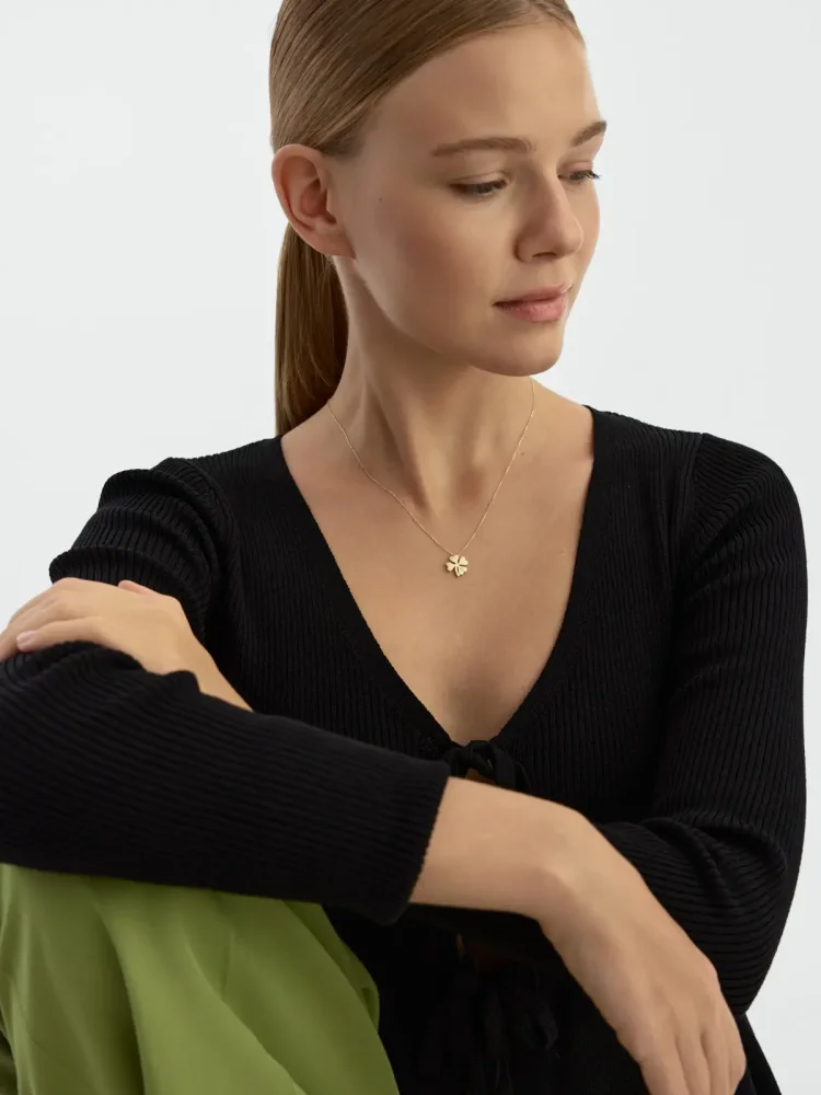 Tek Taşlı Yonca Figürü 14K Altın Kolye - 4