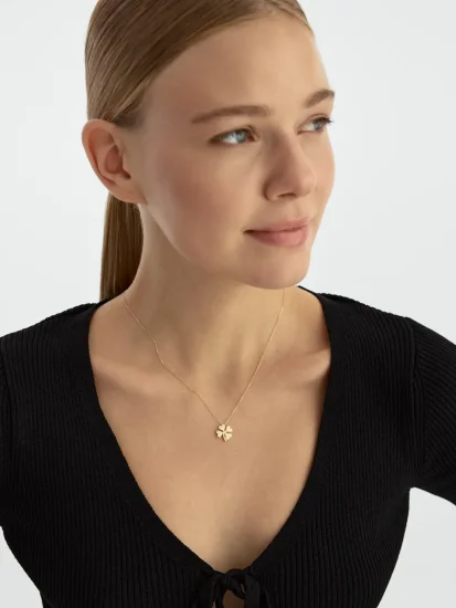 Tek Taşlı Yonca Figürü 14K Altın Kolye - (1)