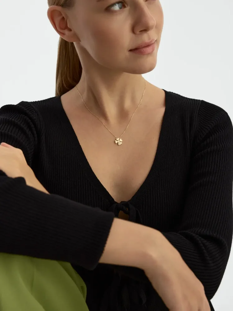 Tek Taşlı Yonca Figürü 14K Altın Kolye - 3