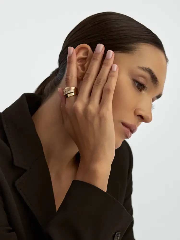 Trikolor Sıra Taşlı Modern 14K Altın Yüzük - 3