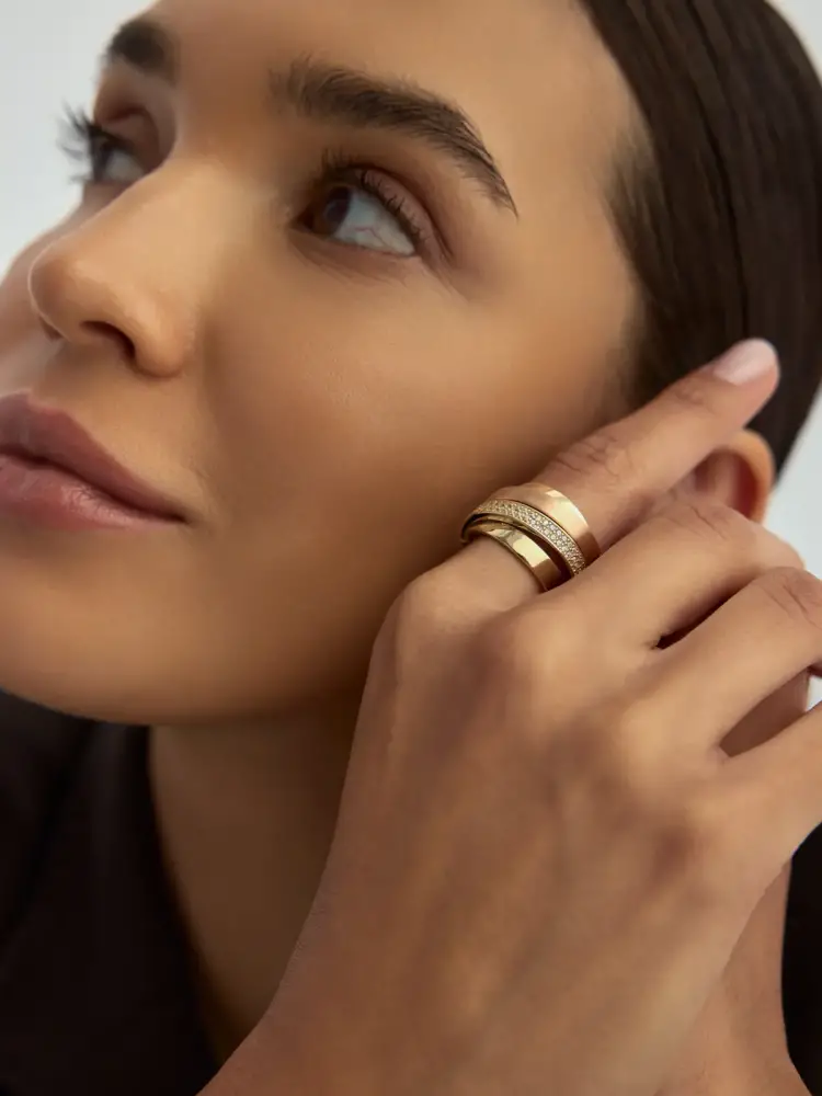 Trikolor Sıra Taşlı Modern 14K Altın Yüzük - 2