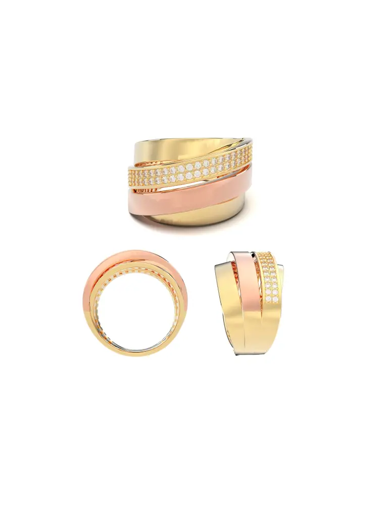 Trikolor Sıra Taşlı Modern 14K Altın Yüzük - 8