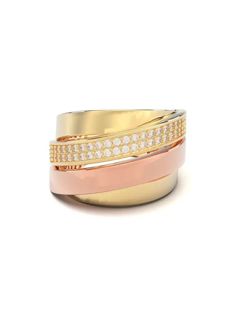 Trikolor Sıra Taşlı Modern 14K Altın Yüzük - 1