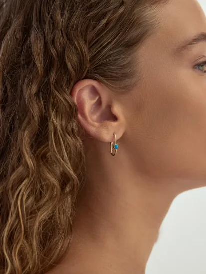 Turkuaz Taş Detaylı Dikdörtgen Halka 14K Altın Küpe - (1)