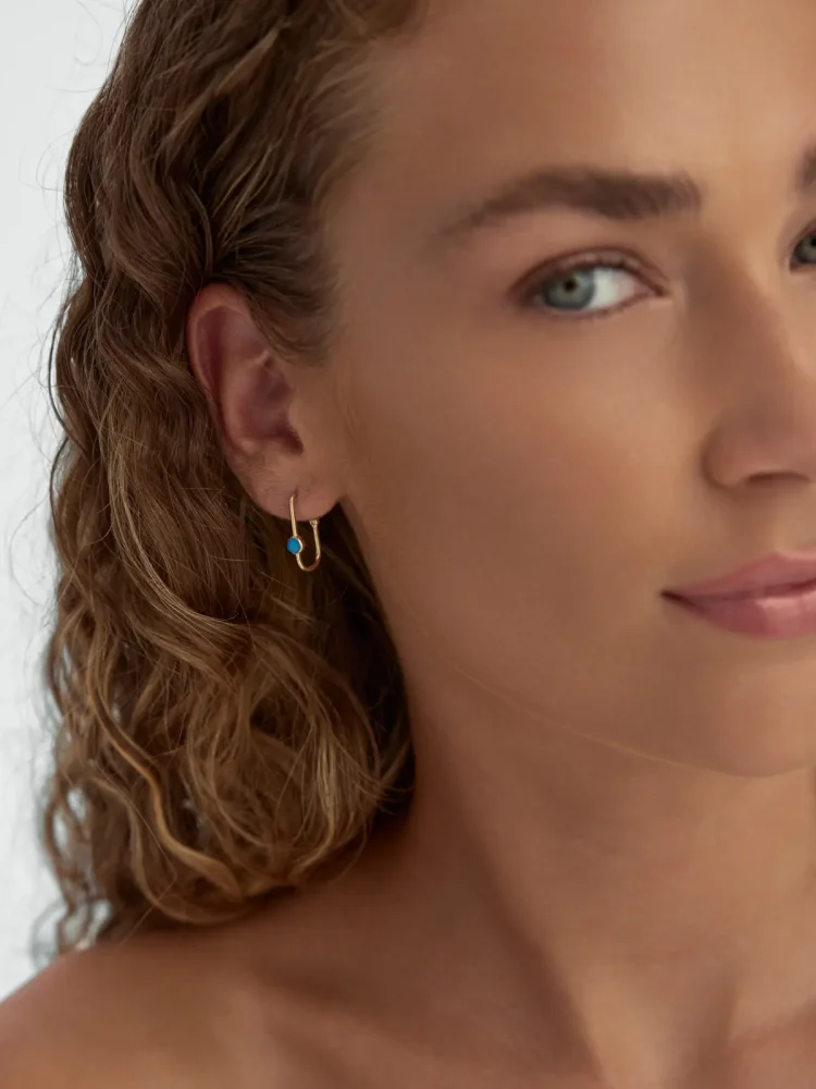 Turkuaz Taş Detaylı Dikdörtgen Halka 14K Altın Küpe - 3