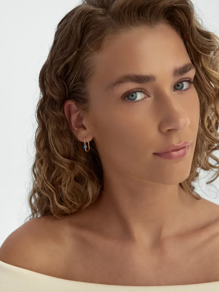 Turkuaz Taş Detaylı Dikdörtgen Halka 14K Altın Küpe - 4