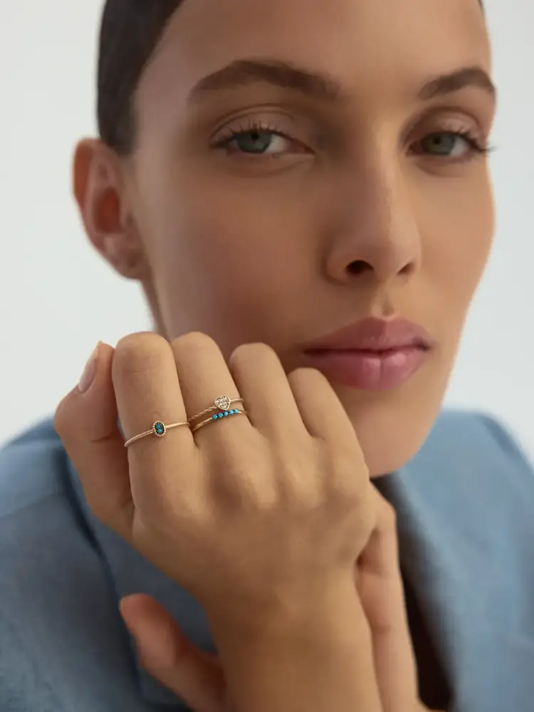 Turkuaz Taş Sıralı Minimal 14K Altın Yüzük - 2