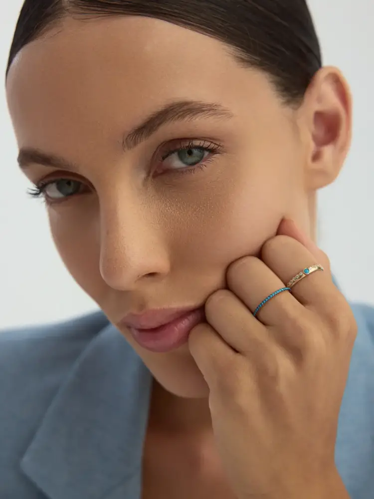 Turkuaz Taşlı Minimal Tamtur 14K Altın Yüzük - 3
