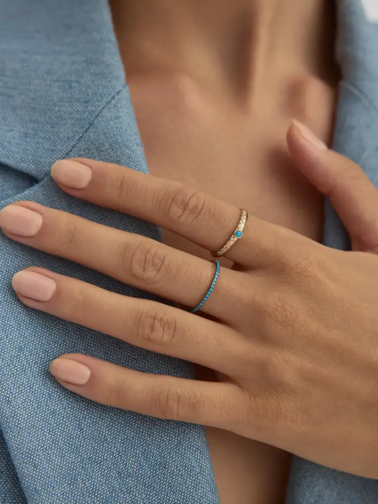 Turkuaz Taşlı Minimal Tamtur 14K Altın Yüzük - 2