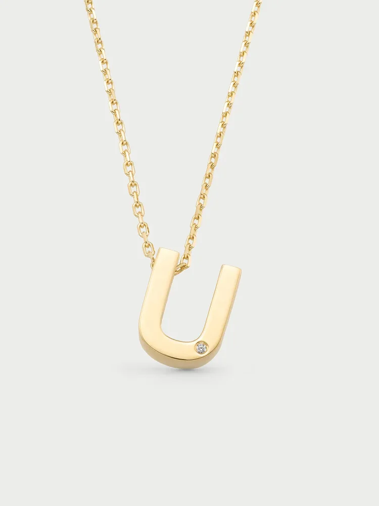 U Harfi Taşlı 14K Altın Harf Kolye - 1
