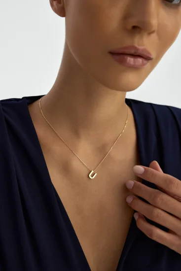 U Harfi Taşlı 14K Altın Harf Kolye - (1)