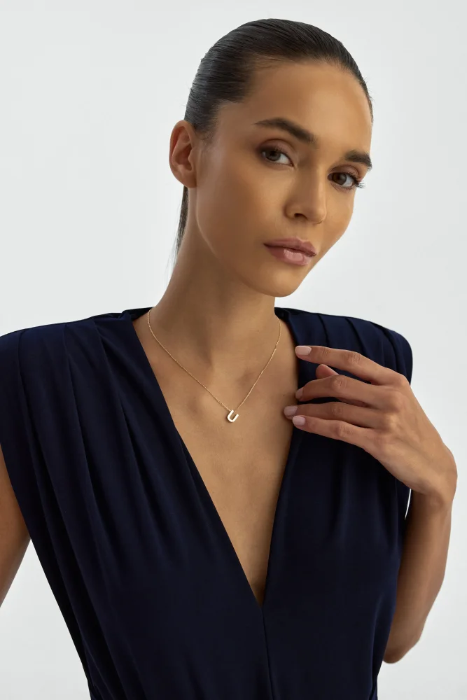 U Harfi Taşlı 14K Altın Harf Kolye - 5