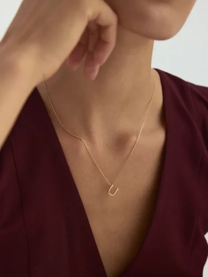 Ü Harfi Taşlı 14K Altın Harf Kolye - (1)